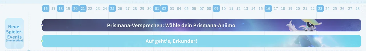 Ausschnitt aus dem offiziellen Event-Kalender: die zwei Neue-Spieler-Events, beschriftet mit Prismana-Versprechen: Wähle dein Prismana-Aniimo und Auf geht’s, Erkunder!